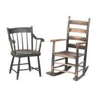 A Ladderback Rocking Chair in Old Paint and a Green-Painted Armchair