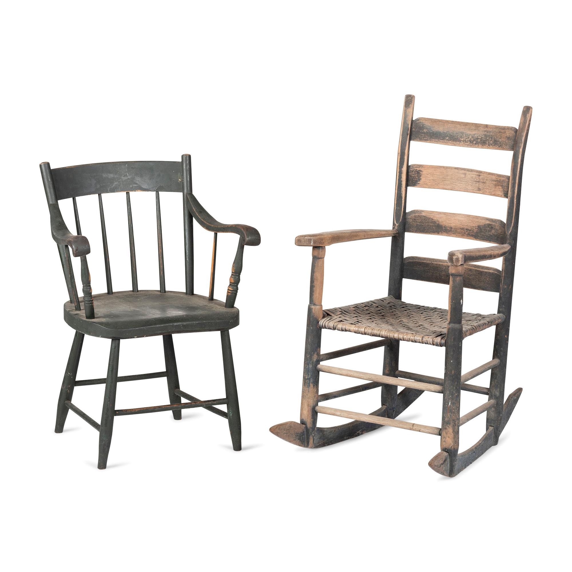 A Ladderback Rocking Chair in Old Paint and a Green-Painted Armchair