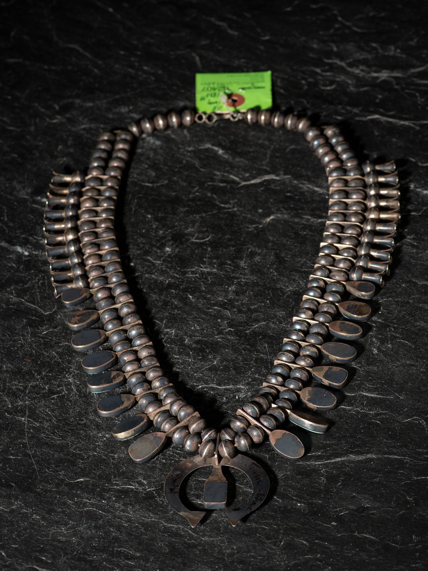 Navajo Silver and #8 Turquoise Squash Blossom Necklace, with Pawn Tag