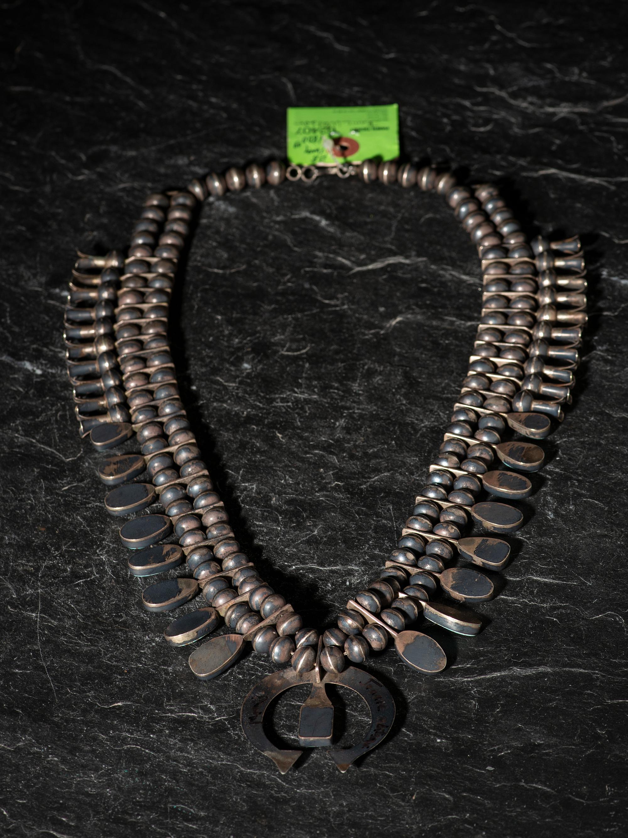 Navajo Silver and #8 Turquoise Squash Blossom Necklace, with Pawn Tag