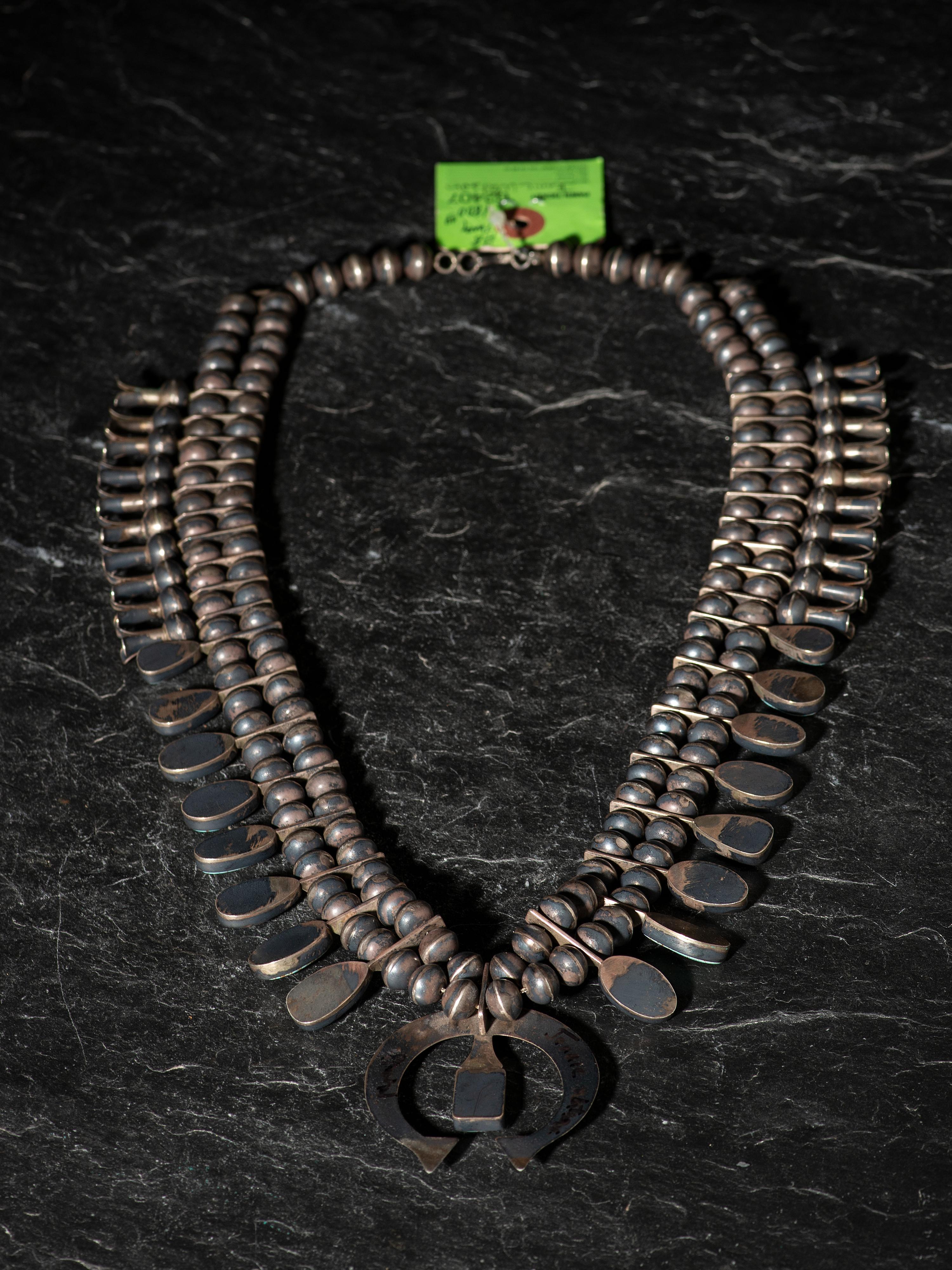 Navajo Silver and #8 Turquoise Squash Blossom Necklace, with Pawn Tag