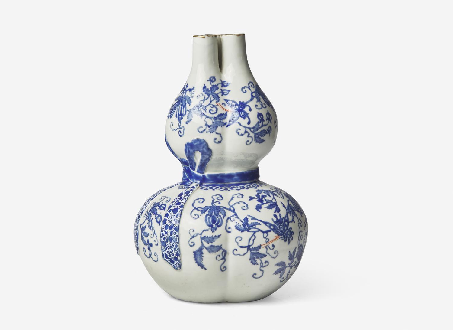 An Unusual Chinese Blue Enameled Porcelain Three-Necked Double Gourd Vase