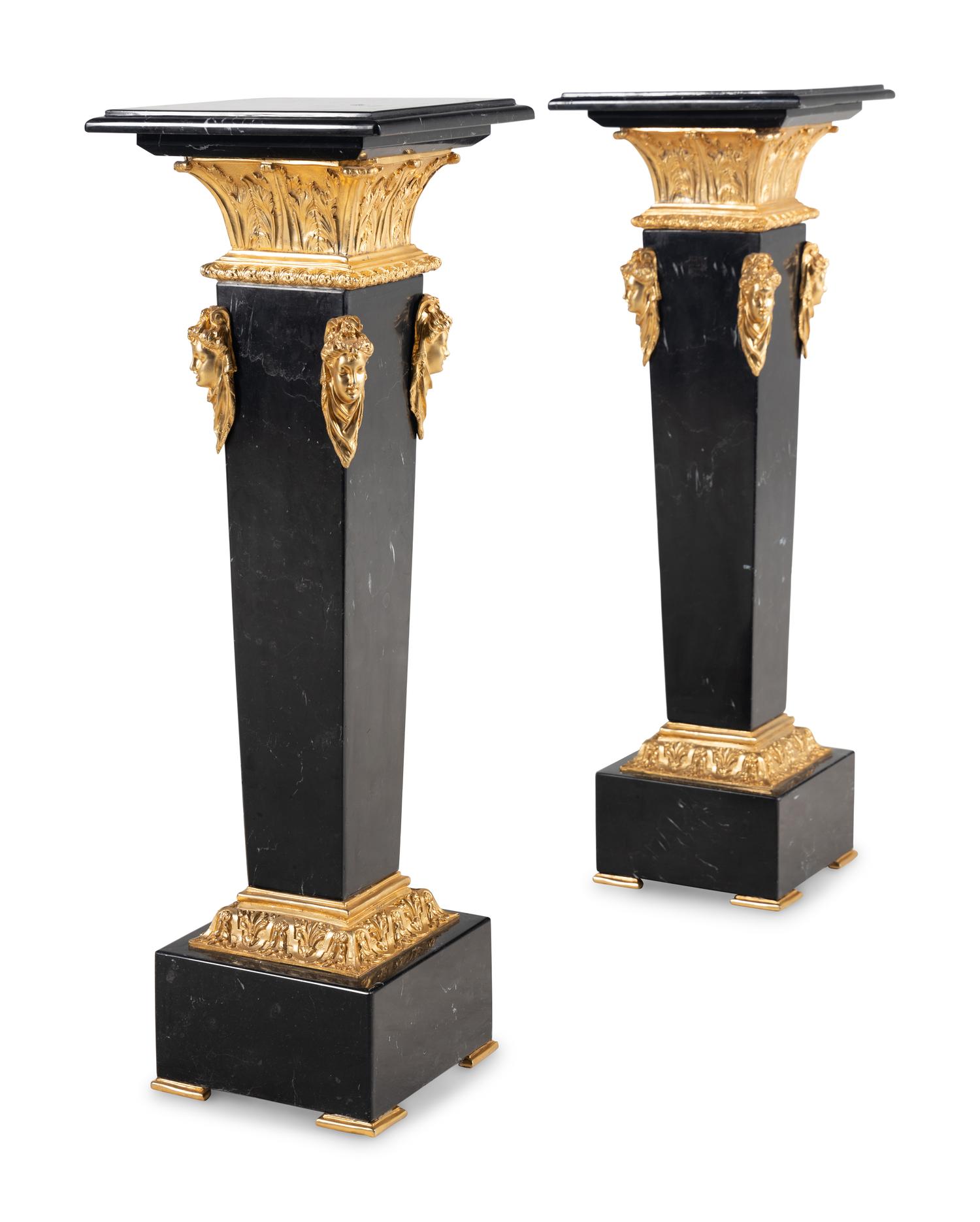 A Pair of Gilt Metal Mounted Marble Pedestals