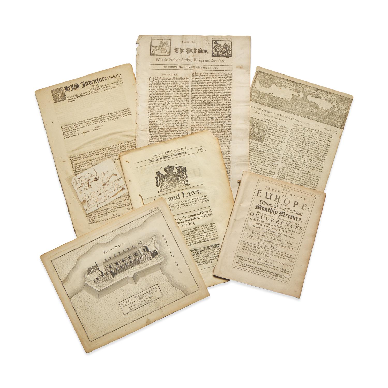[Colonial America] Group of 7 Items Related to Colonial America, Queen Anne's War, The Crown Point Expedition, the French and Indian War, and more, ca. 1703-59