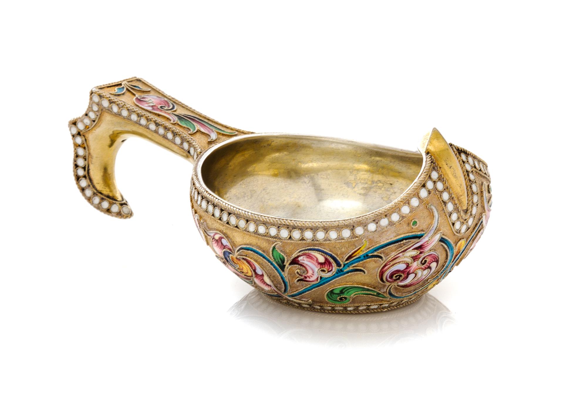 A Russian Silver-Gilt and Enamel Kovsh, Mark of Vasiili Agafonov, kokoshnik mark of Ivan Lebedkin, Moscow, late 19th/early 20th century