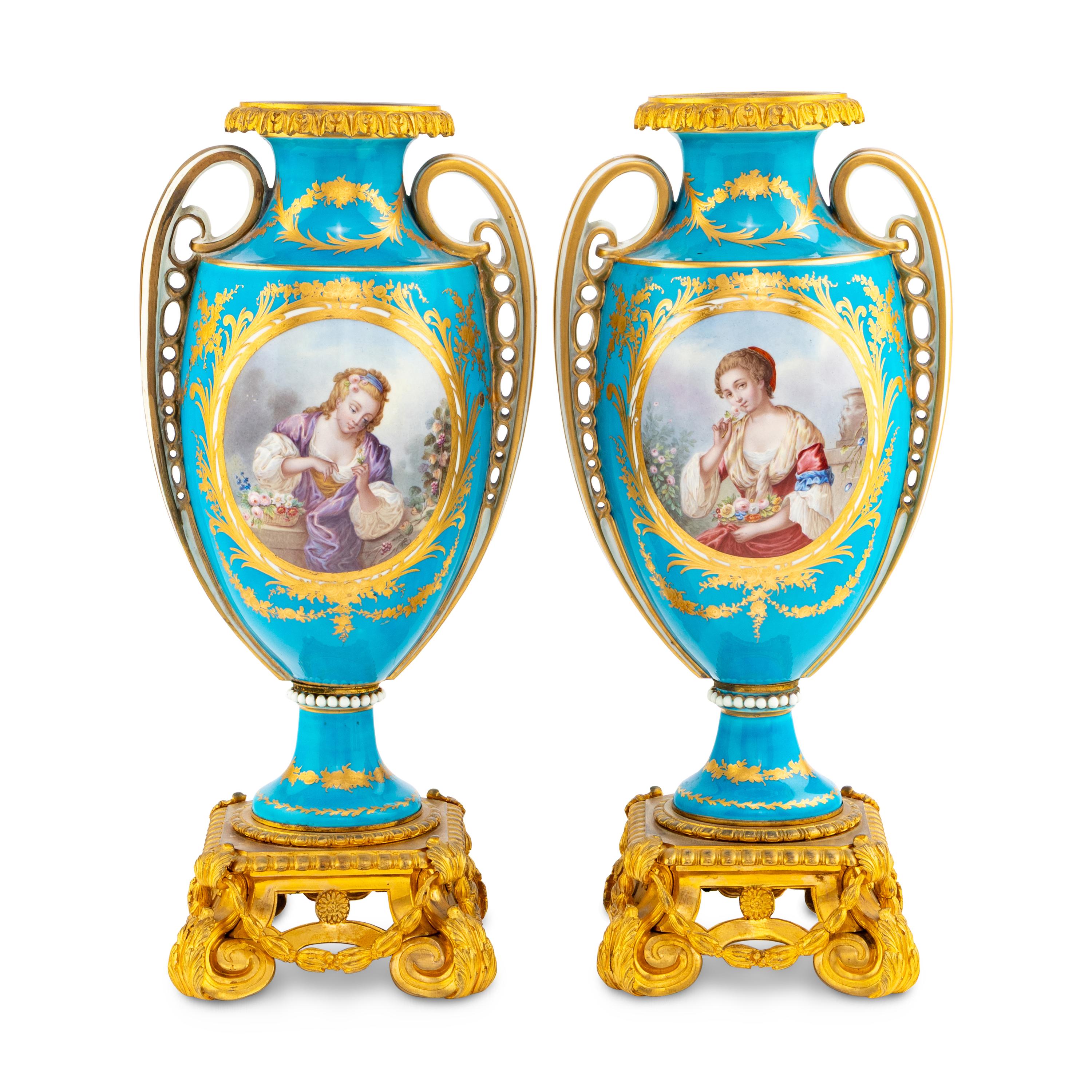 A Pair of Sèvres Style Porcelain and Gilt Bronze Mounted Vases