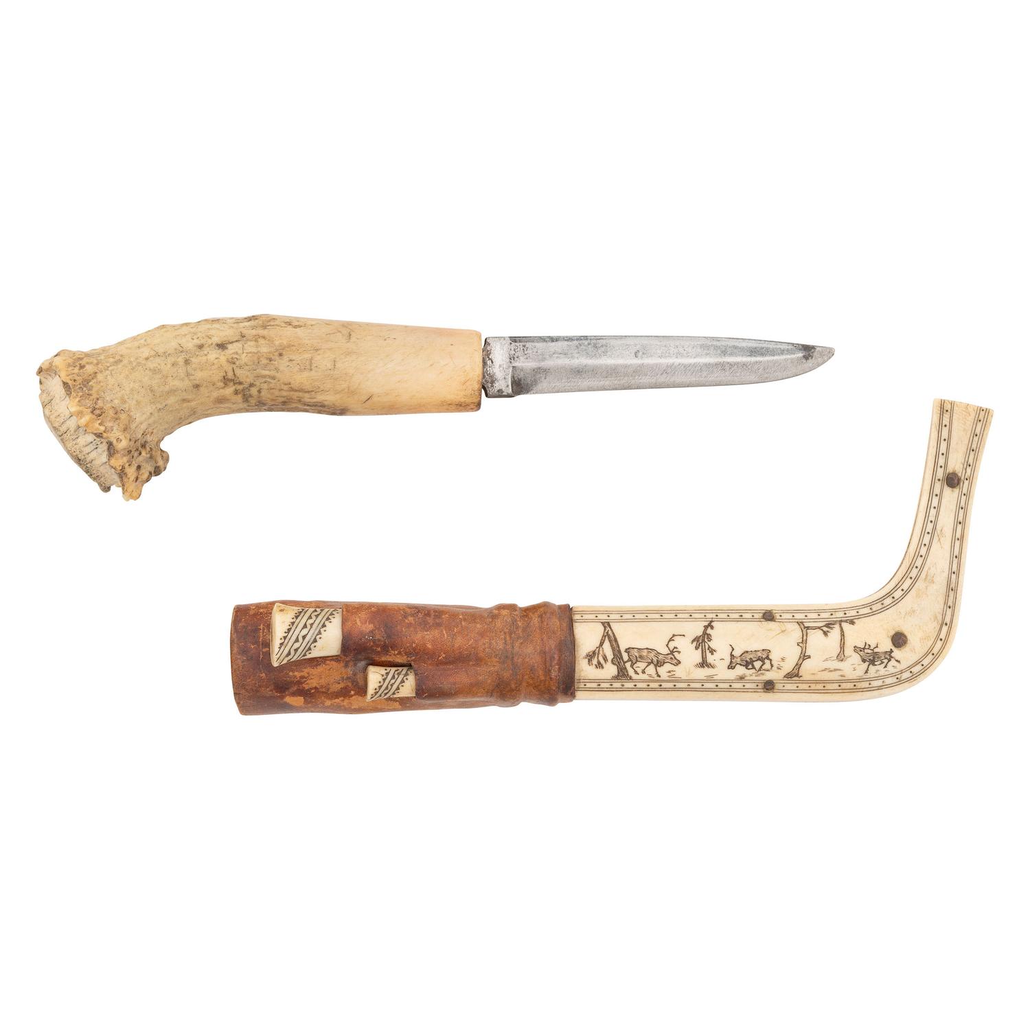 Finnish Puukko Antler Hilt Carved Scabbard Knife Set