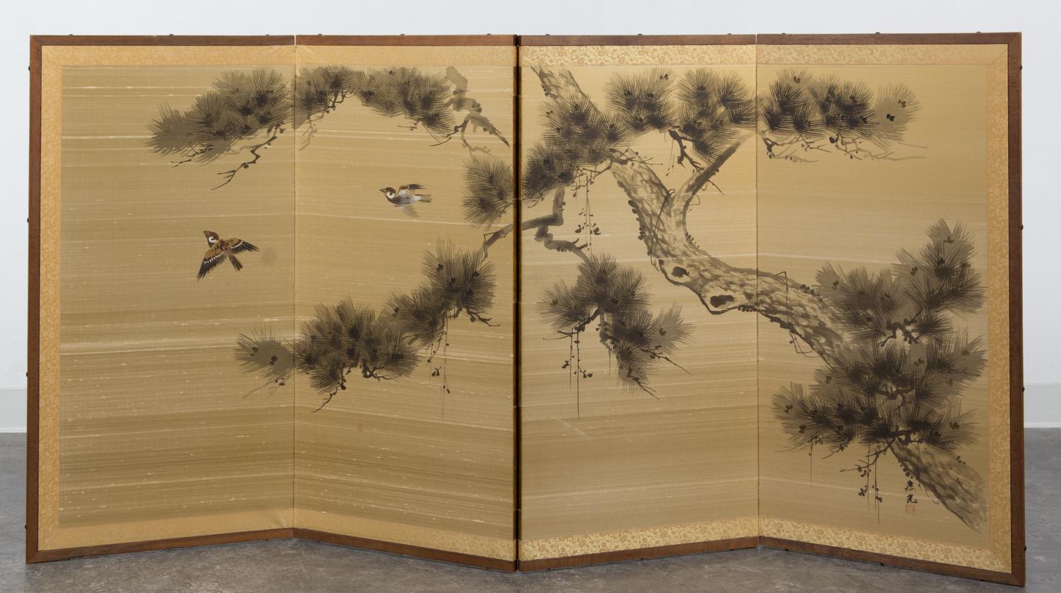 A Japanese Painted Silk Four-Panel Screen Height 36 x width 74 inches. — LATE 20TH CENTURY