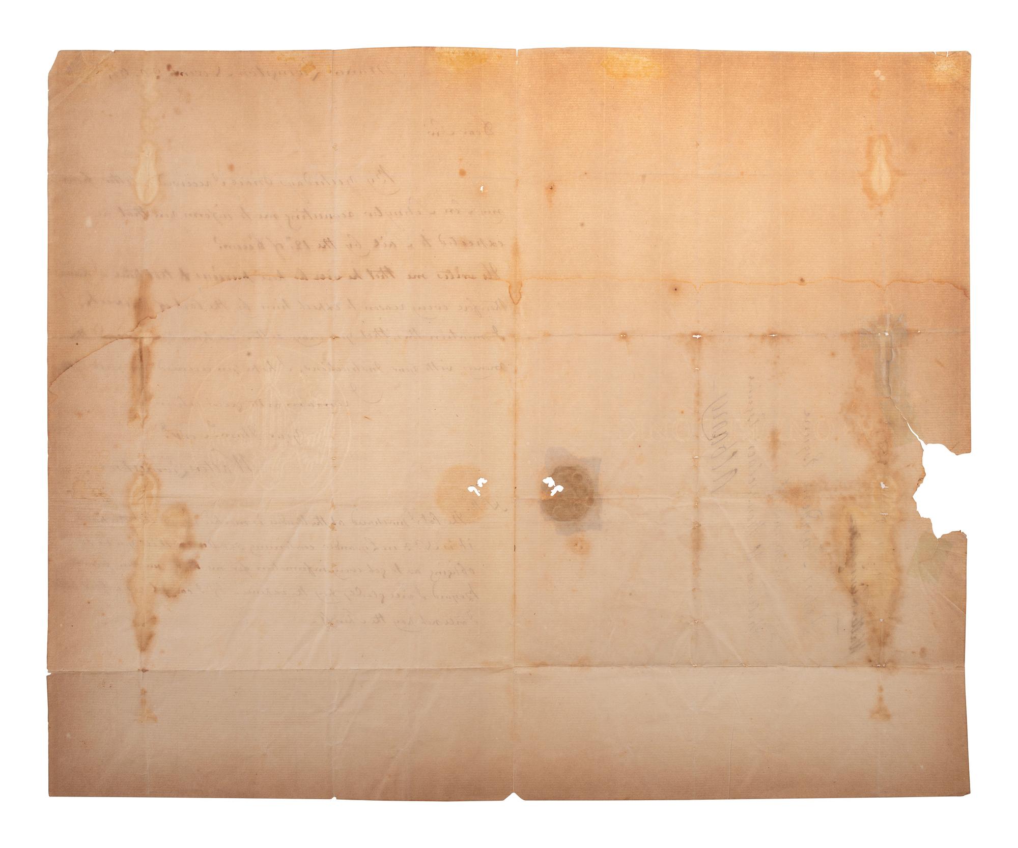 [POLITICS]. LIVINGSTON, Walter (1740-1797). Autograph letter signed ("Walter Livingston"), with franking signature on address panel of integral leaf ("Walter Livingston"), to an unnamed recipient. Manor Livingston, 30 November 1794.