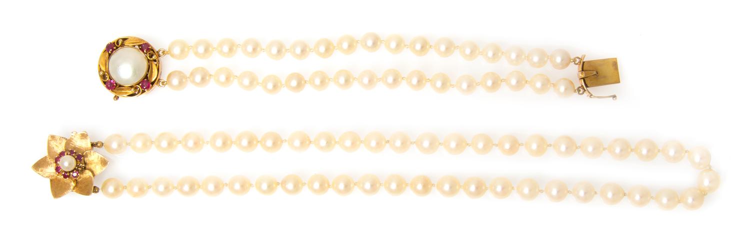 A Collection of 14 Karat Yellow Gold, Cultured Pearl, Ruby and Mabe Pearl Jewelry, 6.30 dwts.
