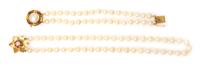 A Collection of 14 Karat Yellow Gold, Cultured Pearl, Ruby and Mabe Pearl Jewelry, 6.30 dwts.