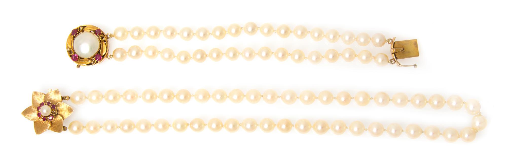 A Collection of 14 Karat Yellow Gold, Cultured Pearl, Ruby and Mabe Pearl Jewelry, 6.30 dwts.