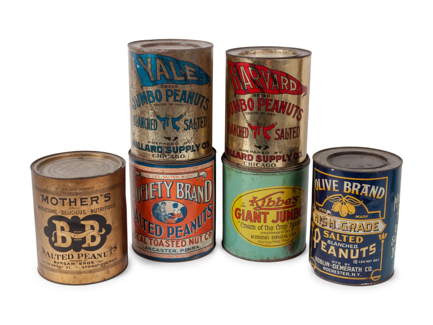A Group of Six Salted Peanut Tins