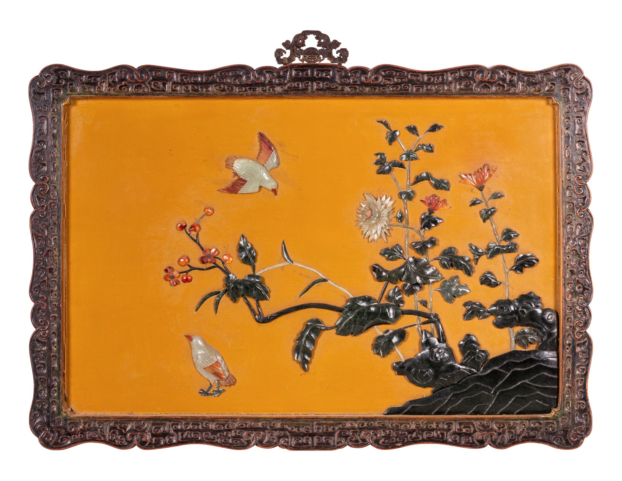 A Chinese Hardstone Embellished Yellow Lacquered Hanging Wall Panel