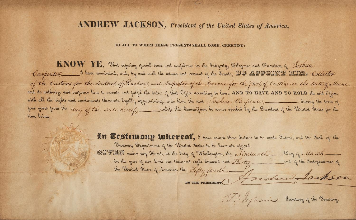 JACKSON, Andrew (1767-1845). Document signed ("Andrew Jackson"), as President of the United States. Washington, D.C., 19 March 1830.