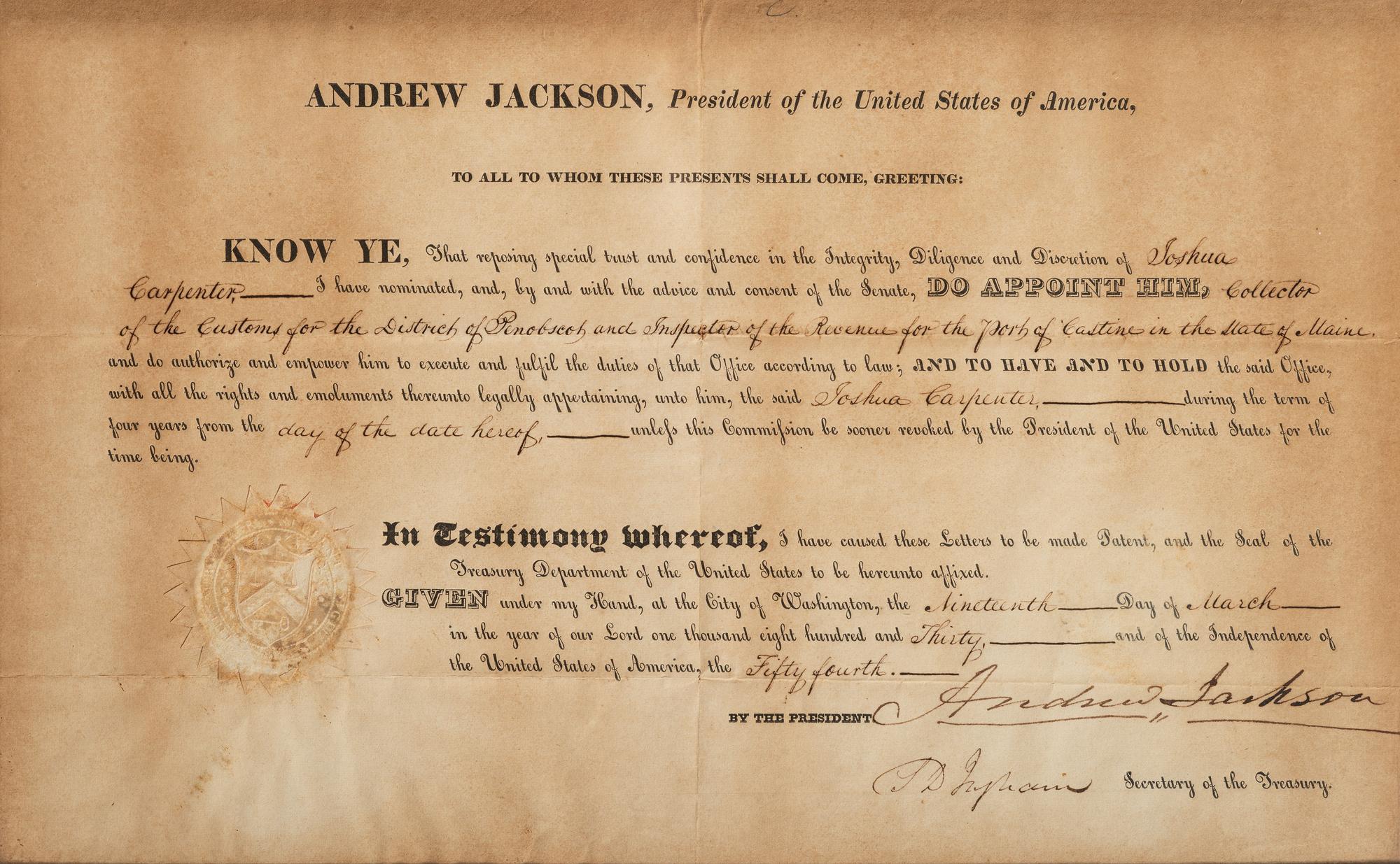 JACKSON, Andrew (1767-1845). Document signed ("Andrew Jackson"), as President of the United States. Washington, D.C., 19 March 1830.