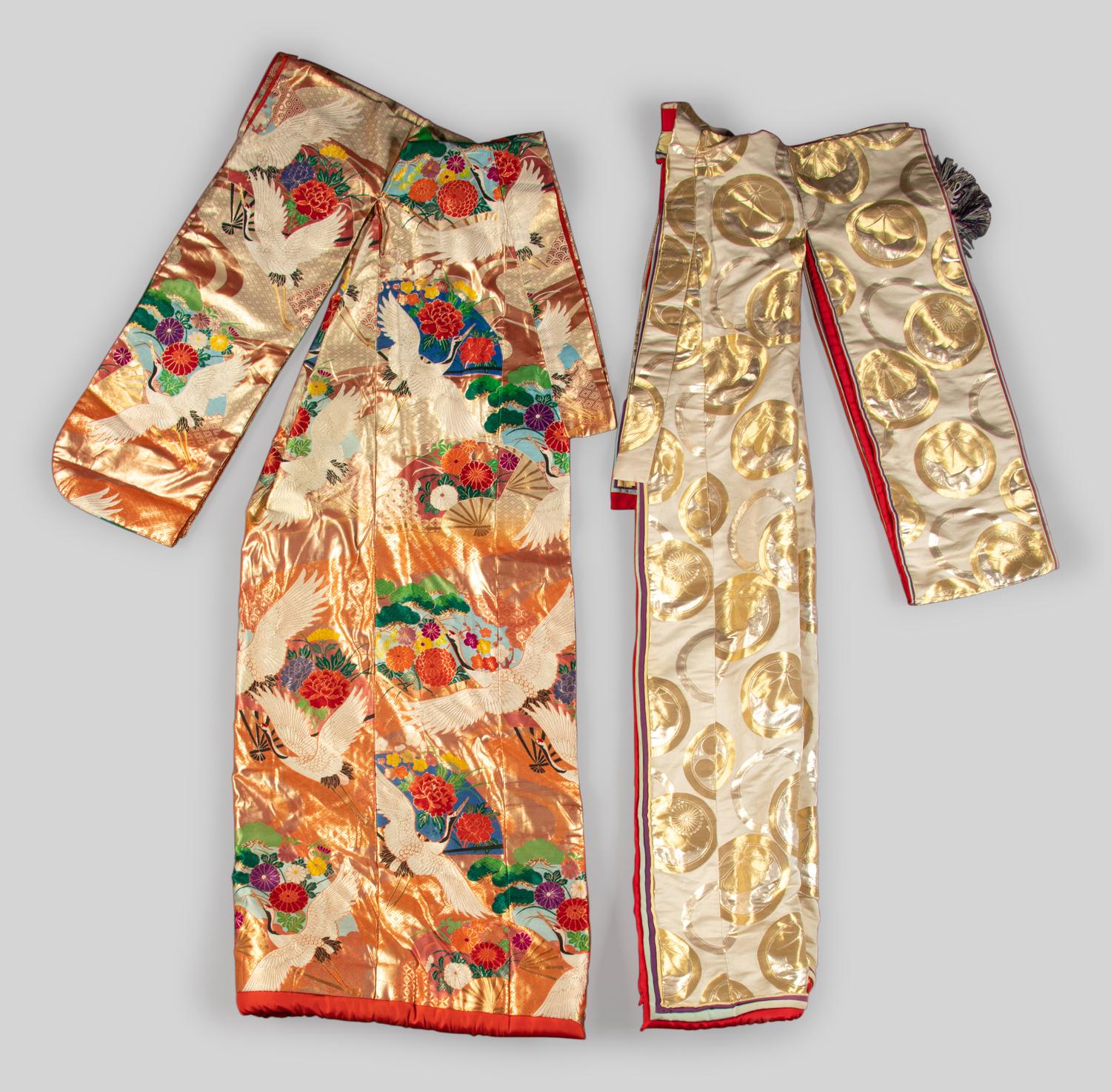 Two Japanese Embroidered Silk Kimono