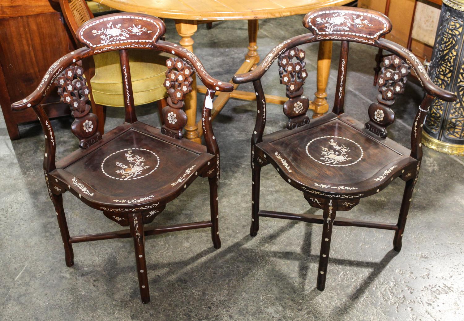 A Pair of Chinese Mother of Pearl Inlaid Armchairs Height 34 inches. — LATE 19TH/EARLY 20TH CENTURY