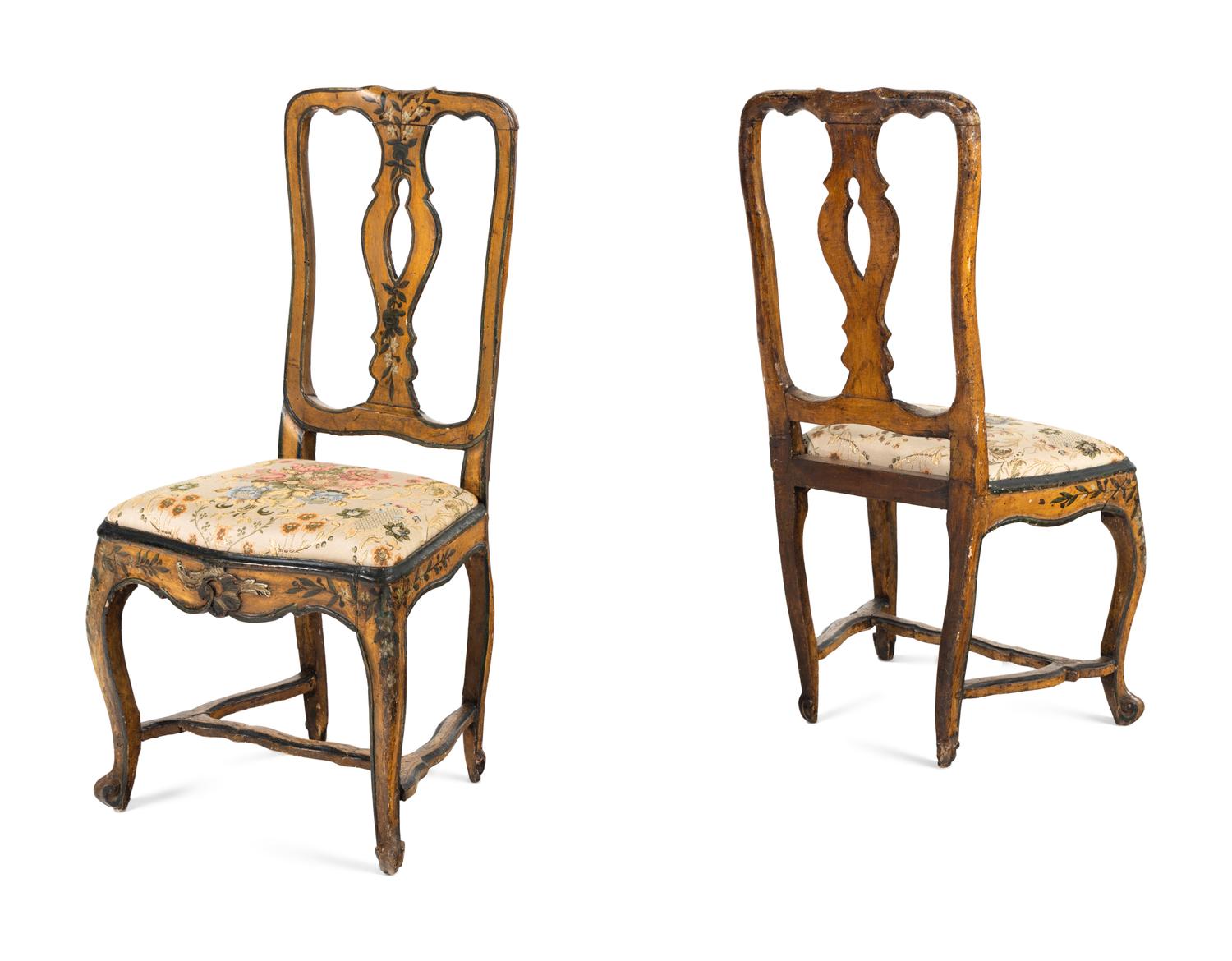 A Pair of North Italian Polychrome Painted Side Chairs