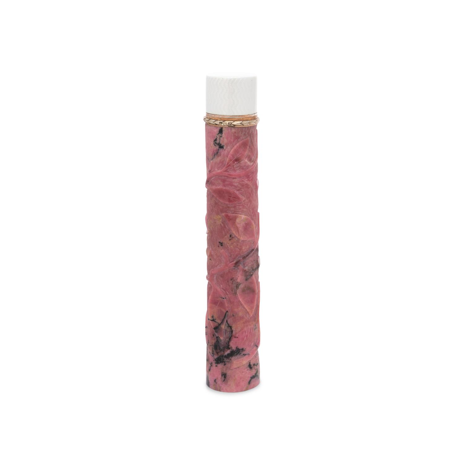 A Russian Silver Gilt and Guilloche Enamel Mounted Carved Rhodonite Cigar Holder