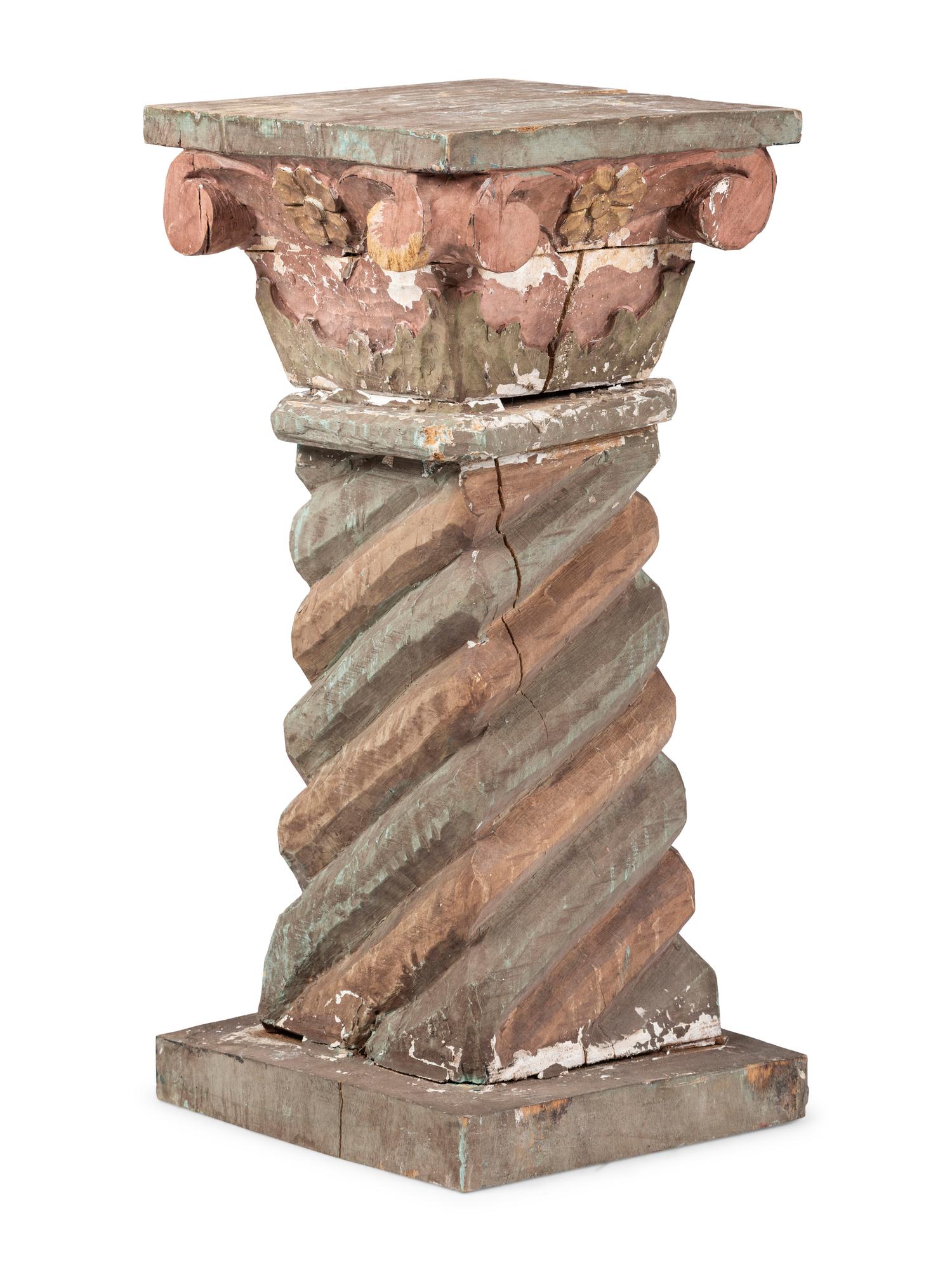 A Primitive Painted Wood Spiral-Twist Carved Pedestal