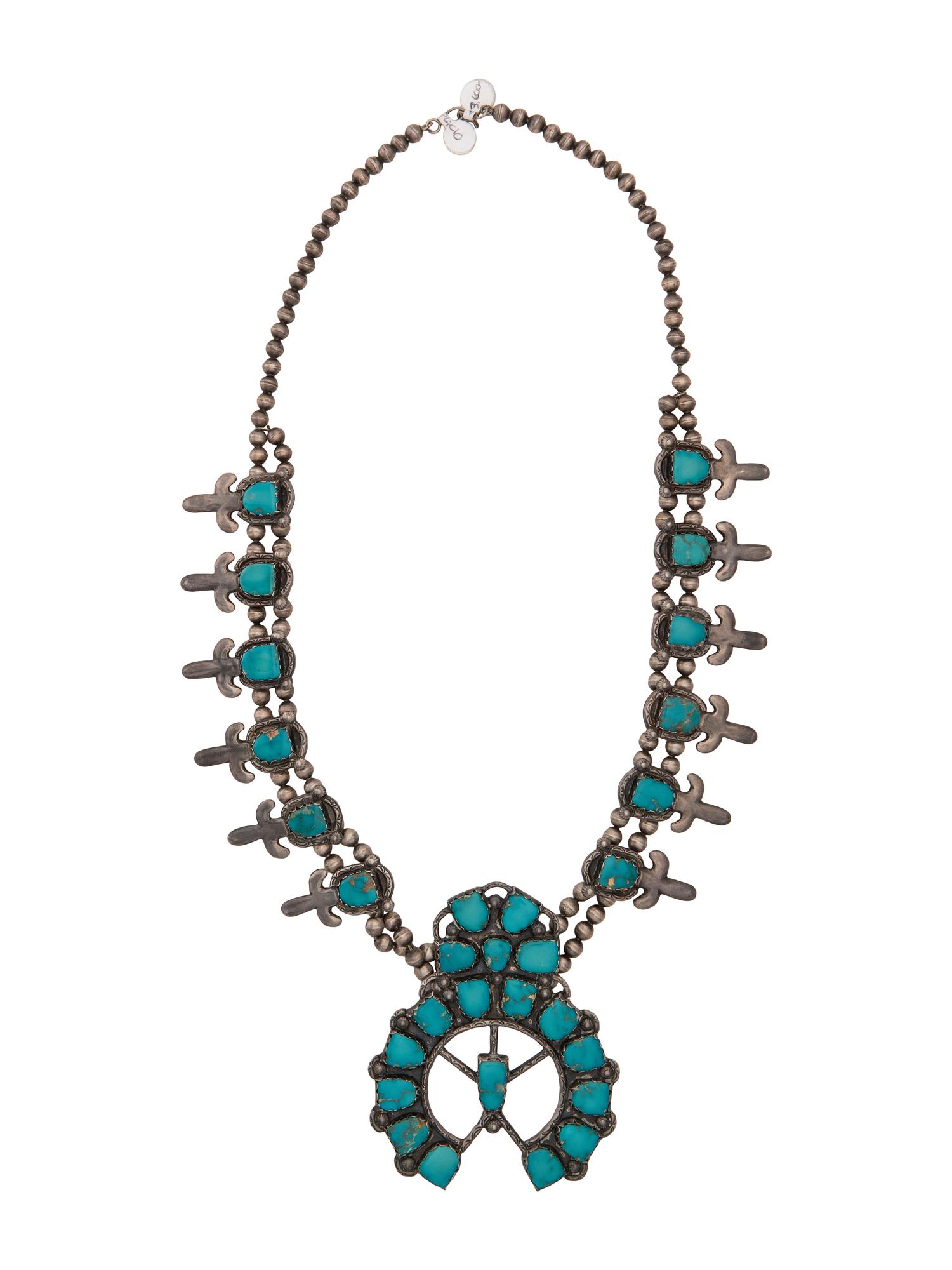 Large Silver and Fox Turquoise Squash Blossom Necklace