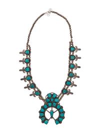 Large Silver and Fox Turquoise Squash Blossom Necklace