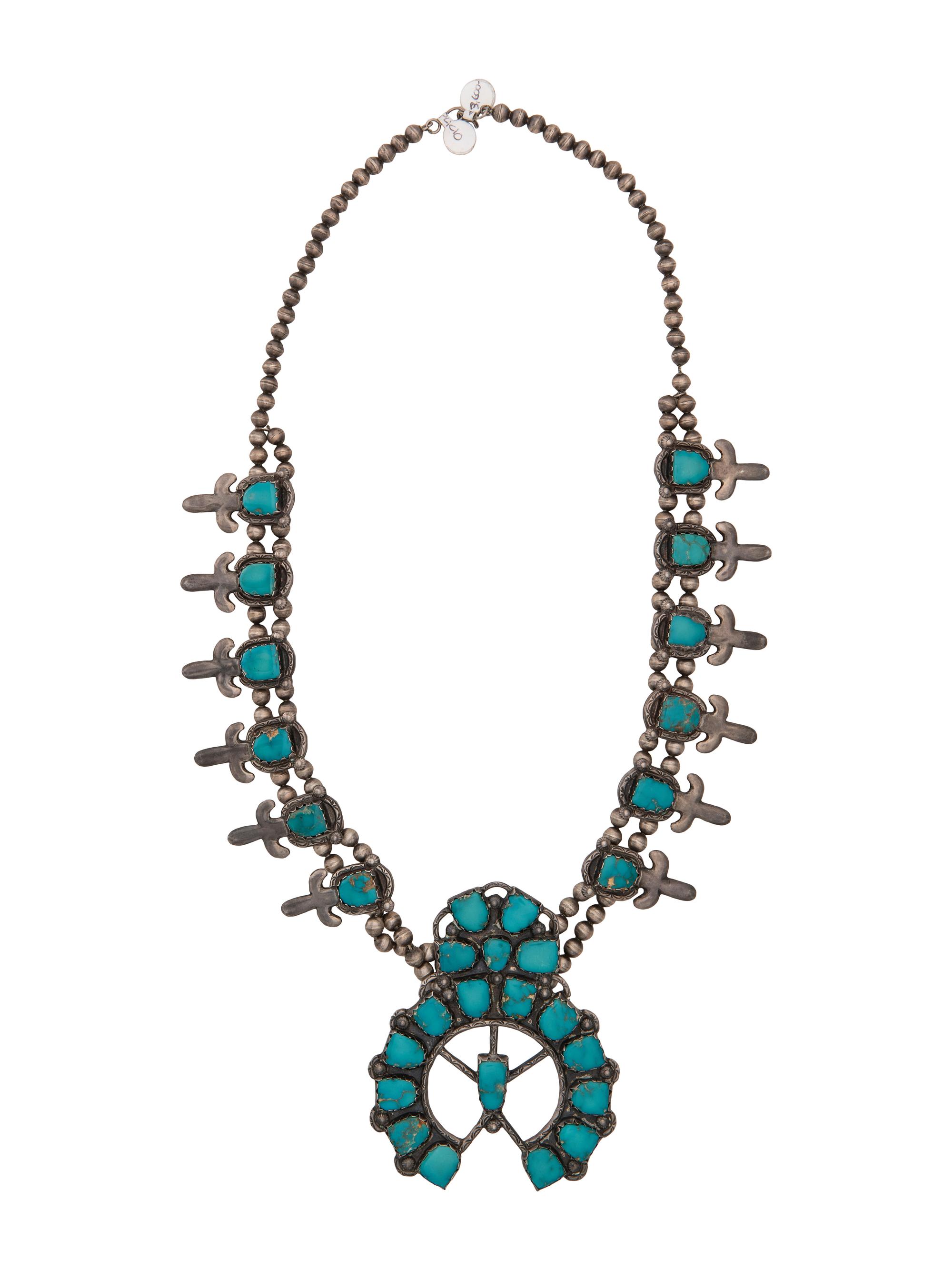 Large Silver and Fox Turquoise Squash Blossom Necklace