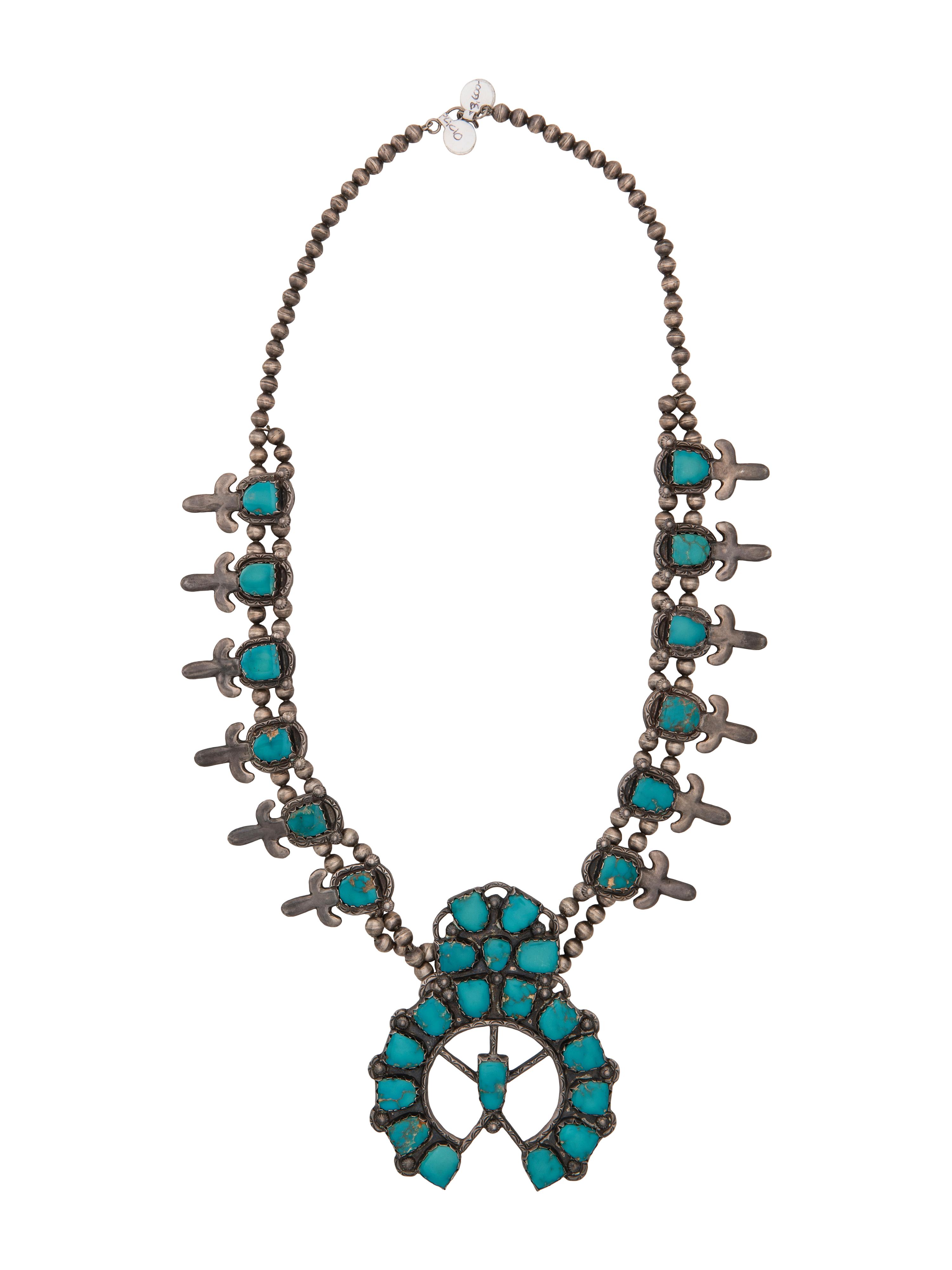 Large Silver and Fox Turquoise Squash Blossom Necklace