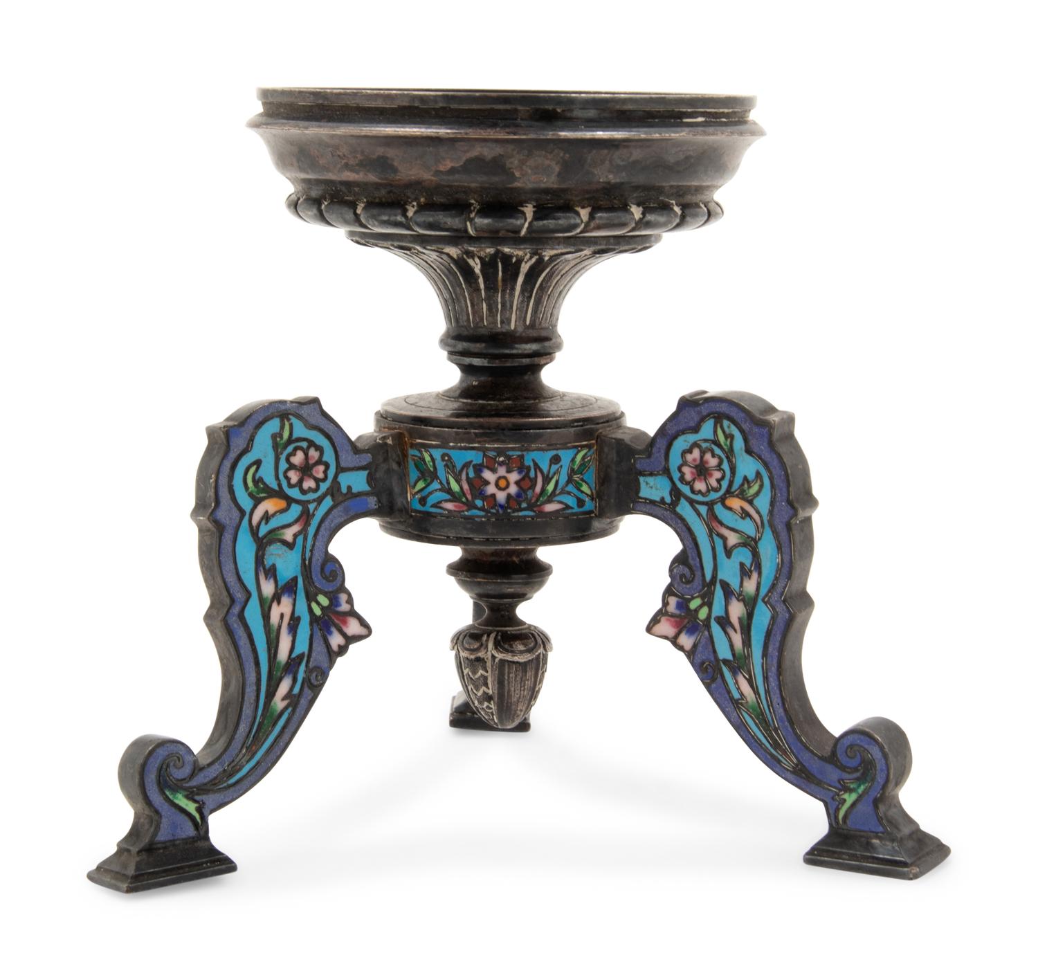 A Continental Silvered Metal and Enamel Tripod Stand