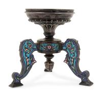 A Continental Silvered Metal and Enamel Tripod Stand