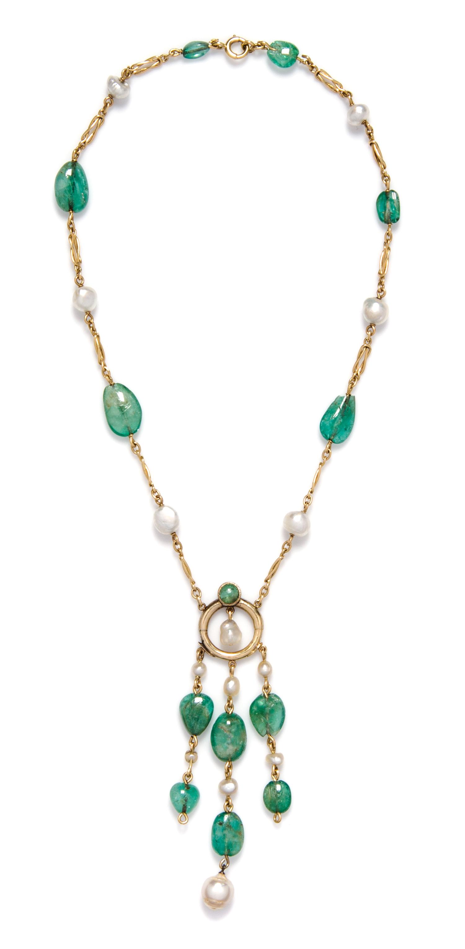 A Yellow Gold, Emerald and Cultured Pearl Necklace, 17.90 dwts.