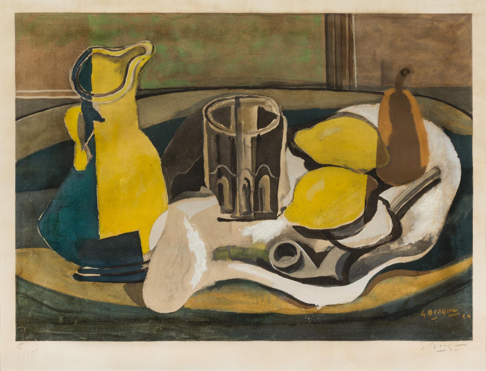 After Georges Braque, (French, 1882-1963), Nature morte au Pichet, Verre, Pipe et Fruits, c. 1950