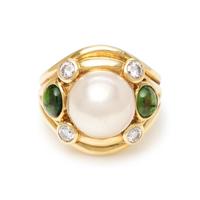 CULTURED MABE PEARL, DIAMOND AND TSAVORITE GARNET RING