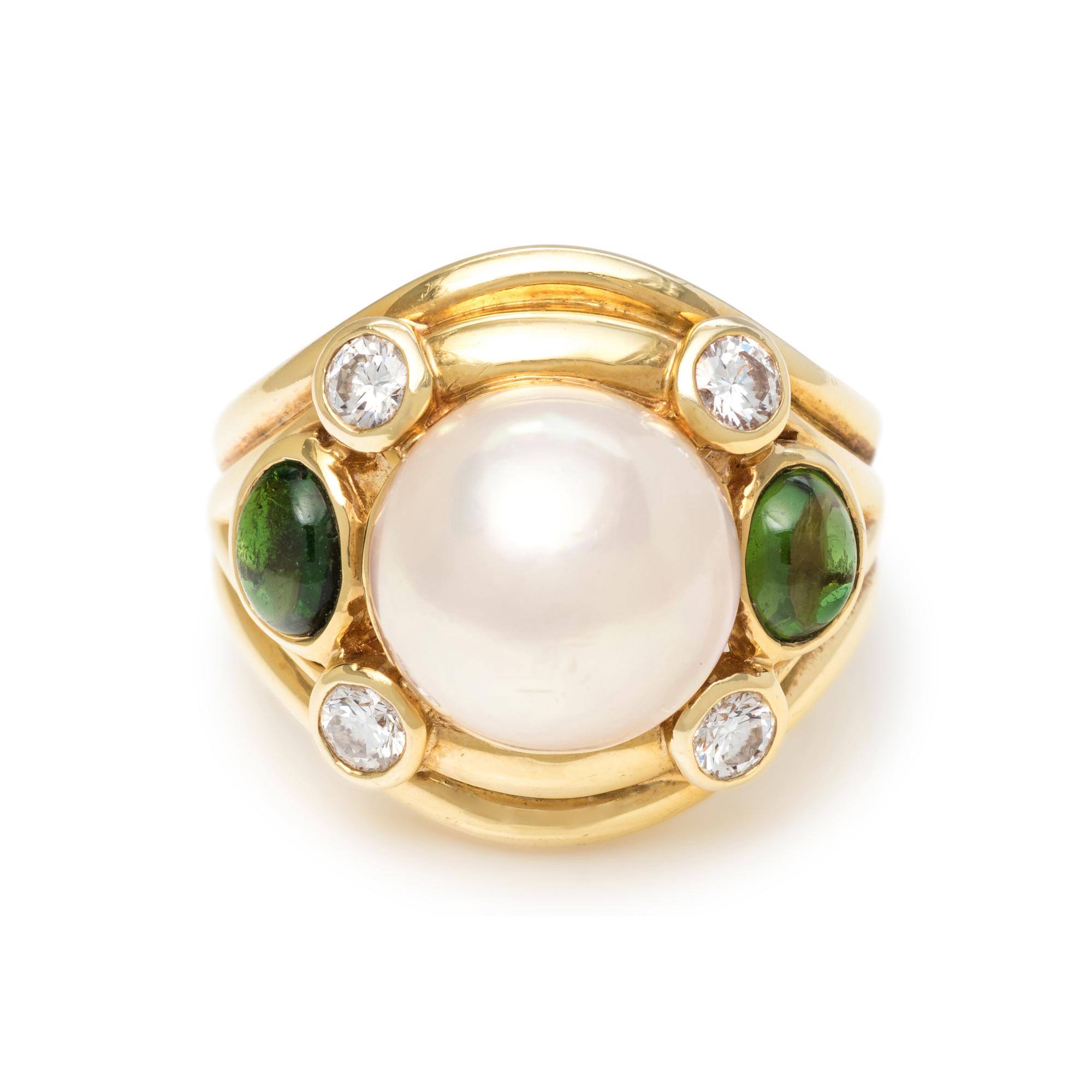 CULTURED MABE PEARL, DIAMOND AND TSAVORITE GARNET RING