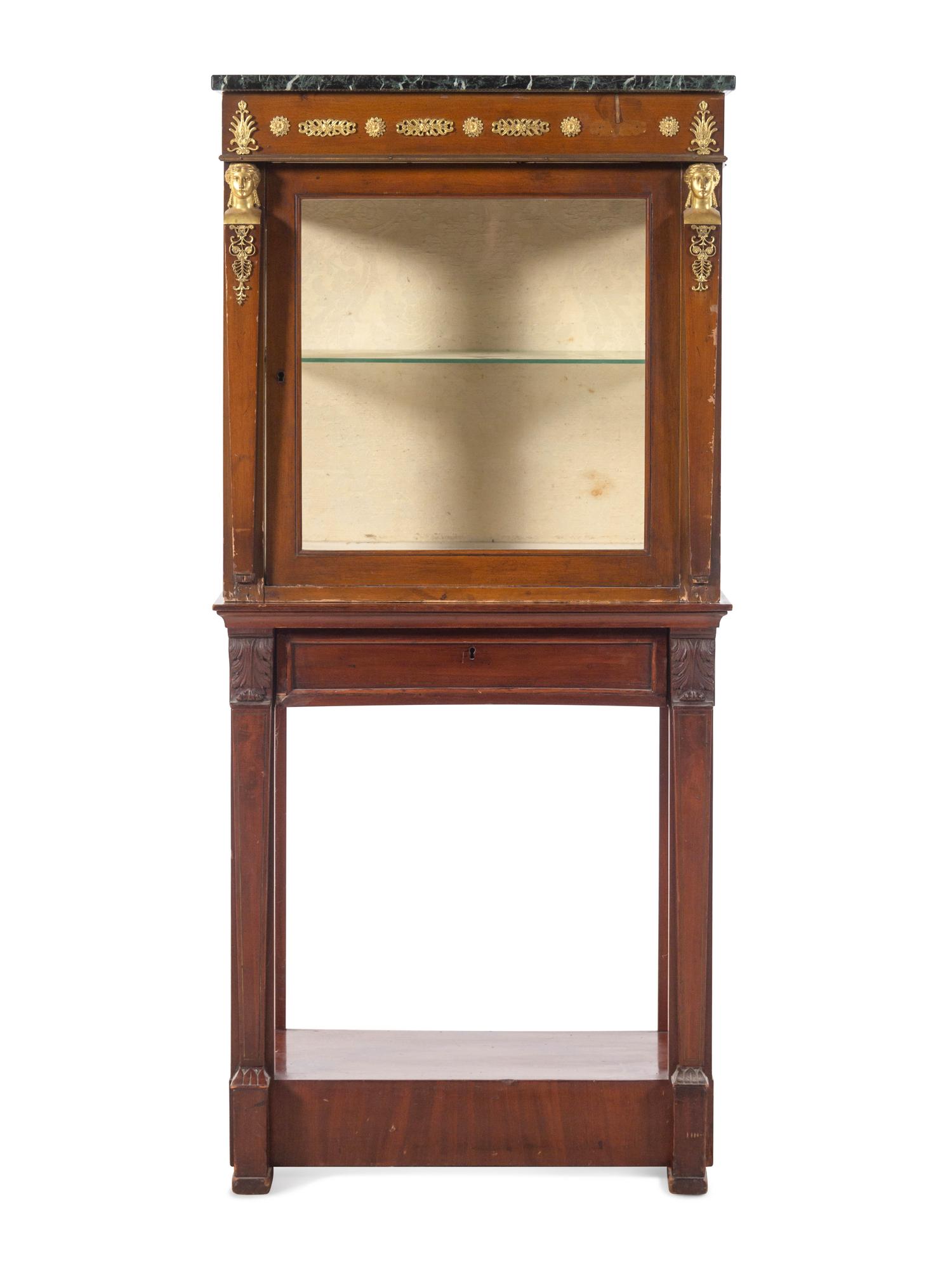 An Empire Style Gilt Bronze Mounted Mahogany Marble-Top Vitrine Cabinet