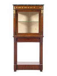 An Empire Style Gilt Bronze Mounted Mahogany Marble-Top Vitrine Cabinet