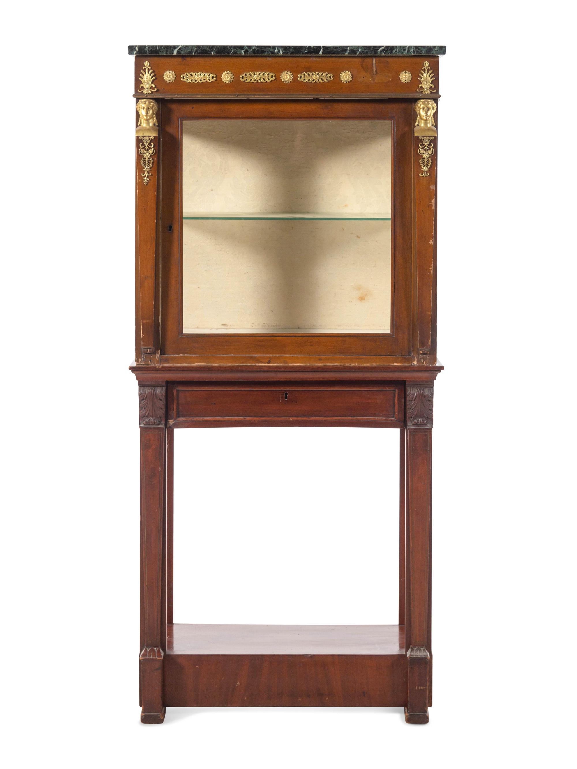 An Empire Style Gilt Bronze Mounted Mahogany Marble-Top Vitrine Cabinet