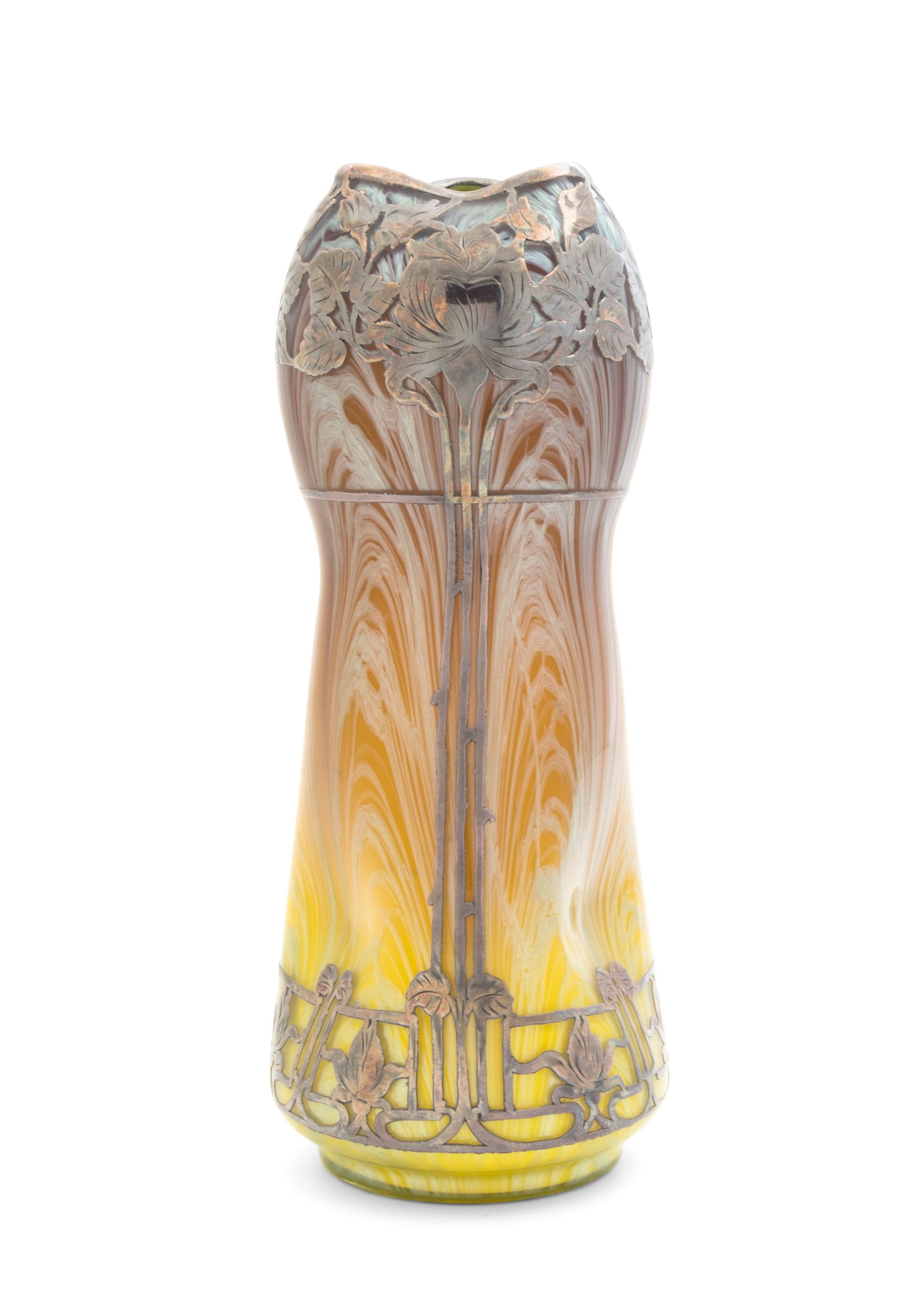 A Loetz Silver Overlay Glass Vase Height 10 1/4 inches.