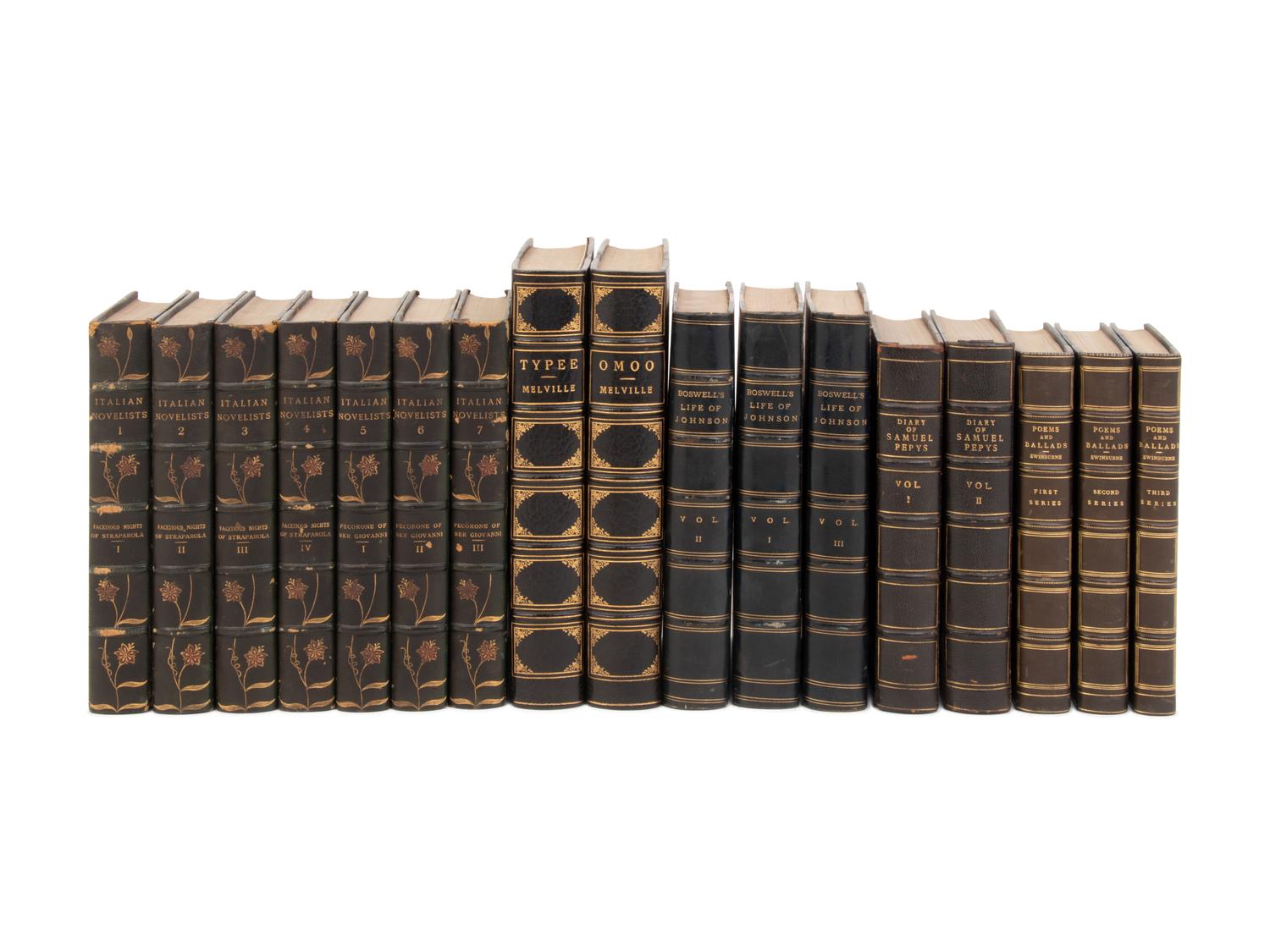 [LEATHER BINDINGS]. A group of 7 works in 25 volumes, in 19th and 20th-century leather bindings, including: