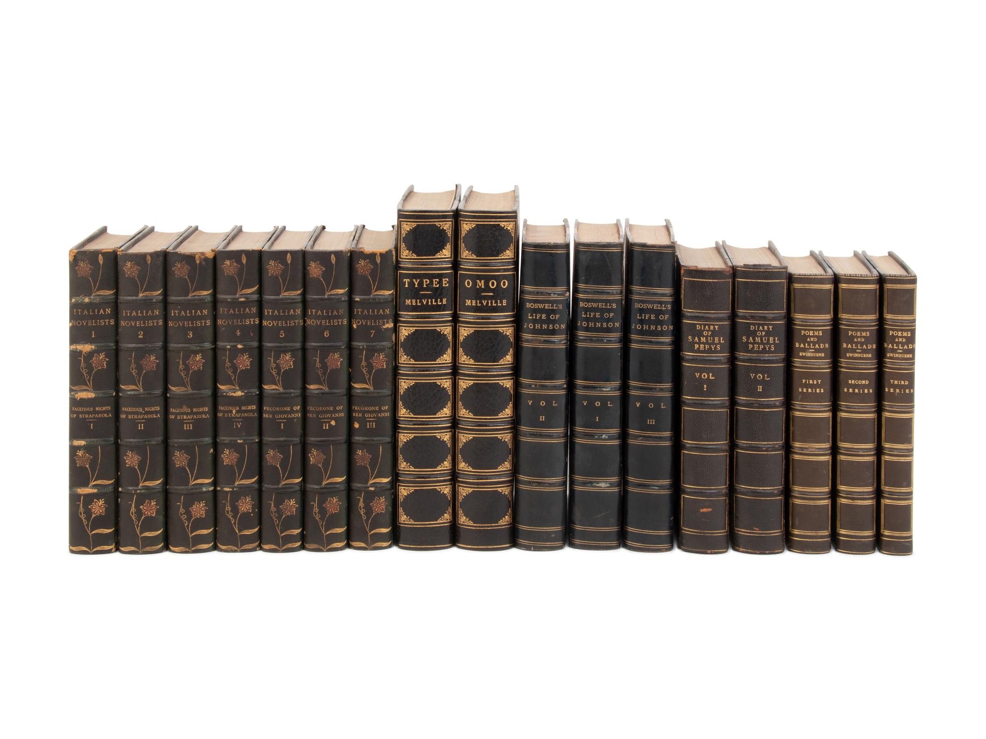[LEATHER BINDINGS]. A group of 7 works in 25 volumes, in 19th and 20th-century leather bindings, including: