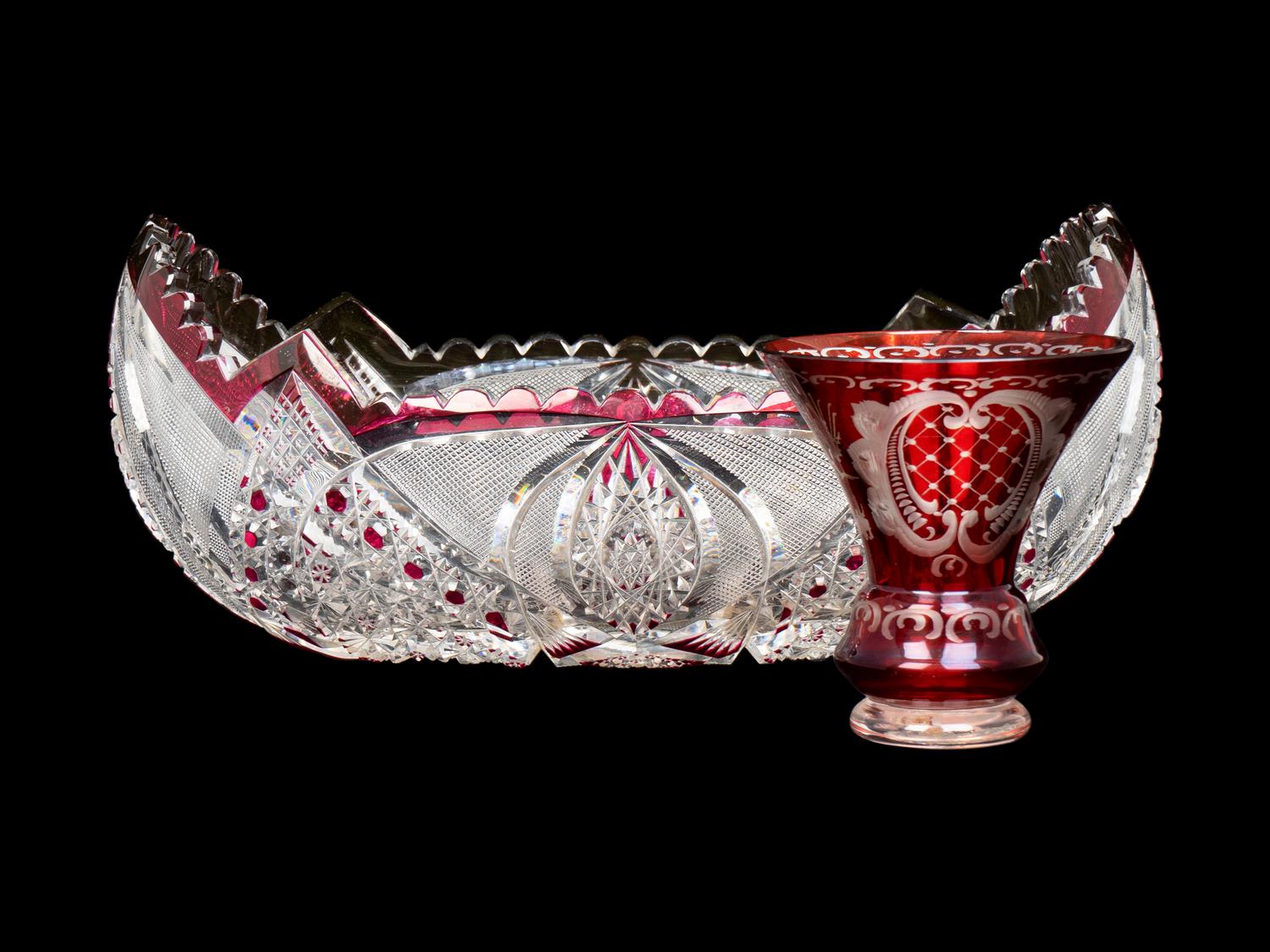 A Purple-Flashed Cut-Glass Bowl and a Ruby-Flashed and Engraved Glass Vase