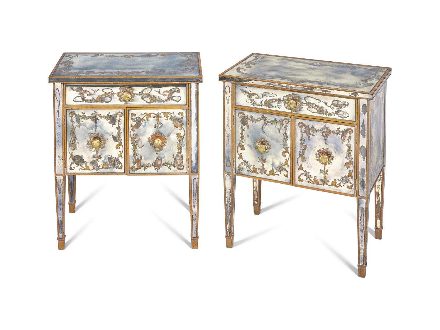 A Pair of Venetian Style Reverse-Painted Glass and Mirrored Petite Commodes