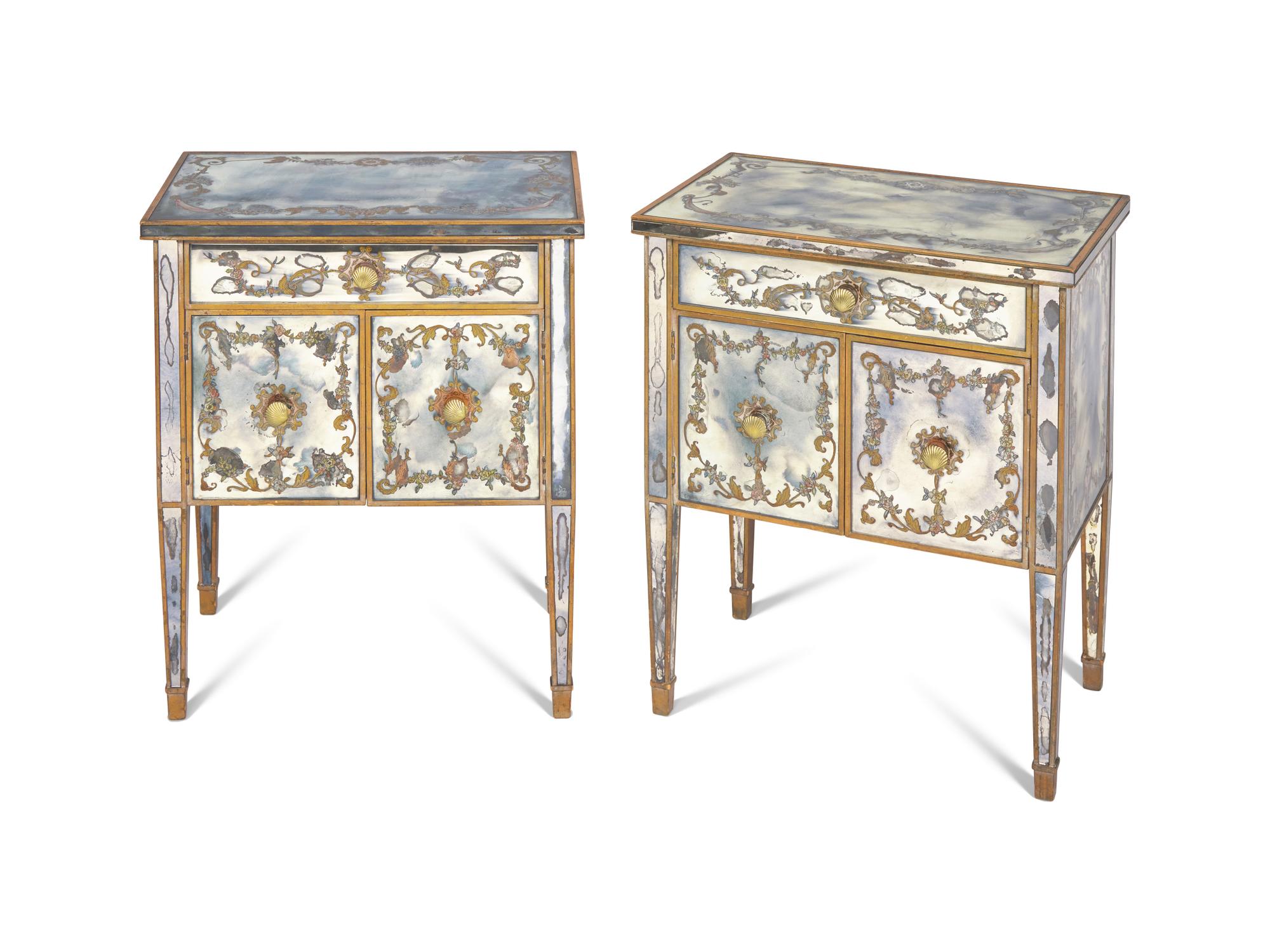 A Pair of Venetian Style Reverse-Painted Glass and Mirrored Petite Commodes