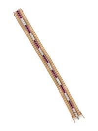YELLOW GOLD, DIAMOND AND SYNTHETIC RUBY BRACELET