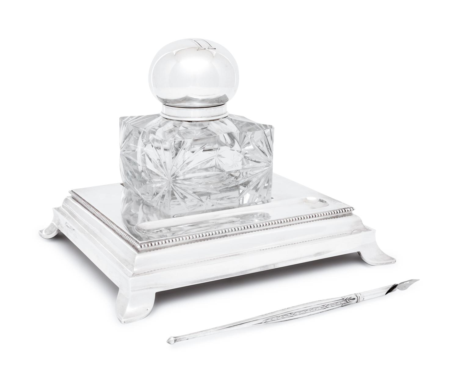 A Russian Silver Mounted Cut Glass Inkwell and Stand