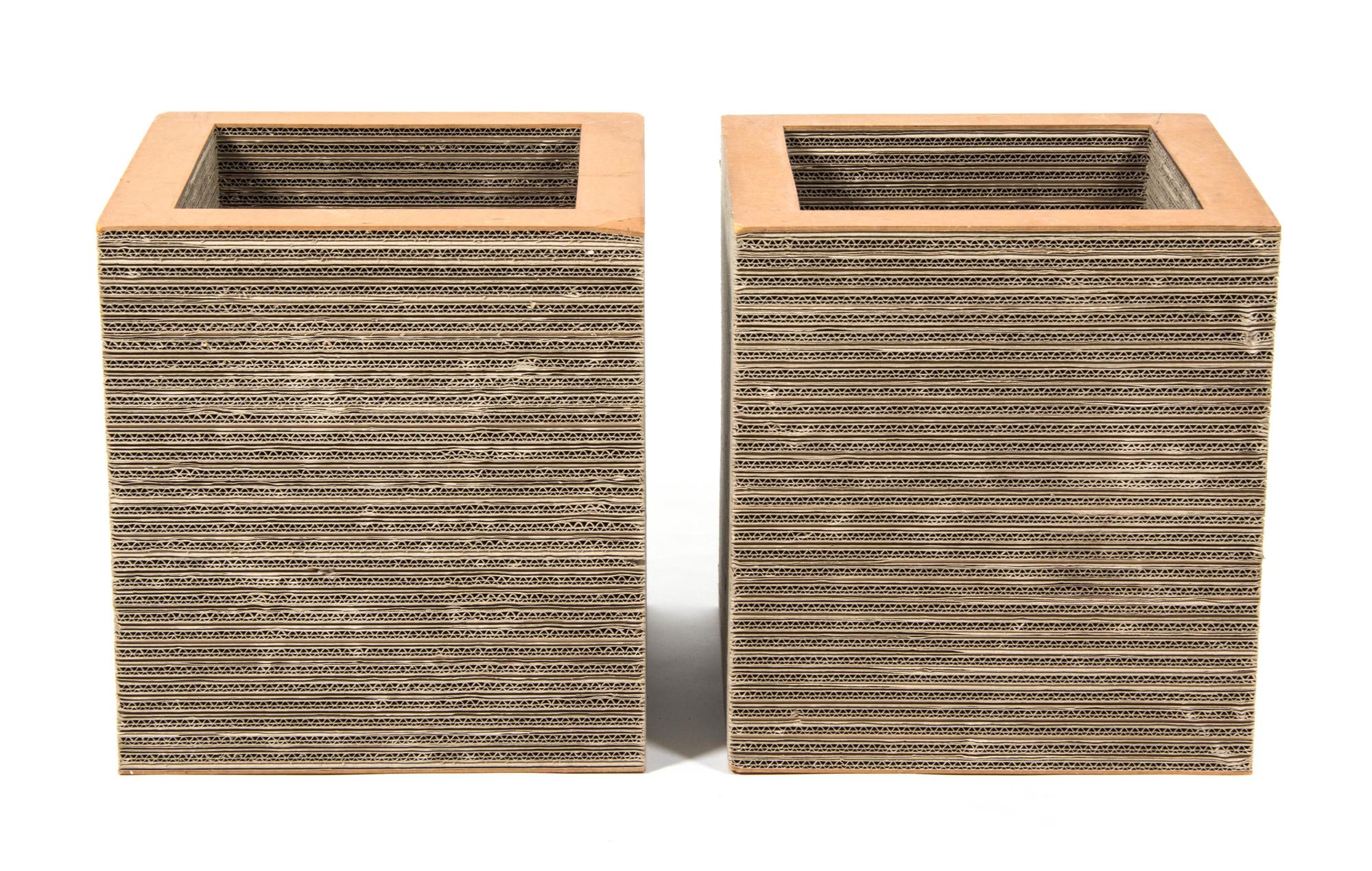 Two Frank Gehry Corrugated Cardboard Cubes Height 16 1/2 x width 15 1/2 x depth 15 1/2 inches. — FOR VITRA
