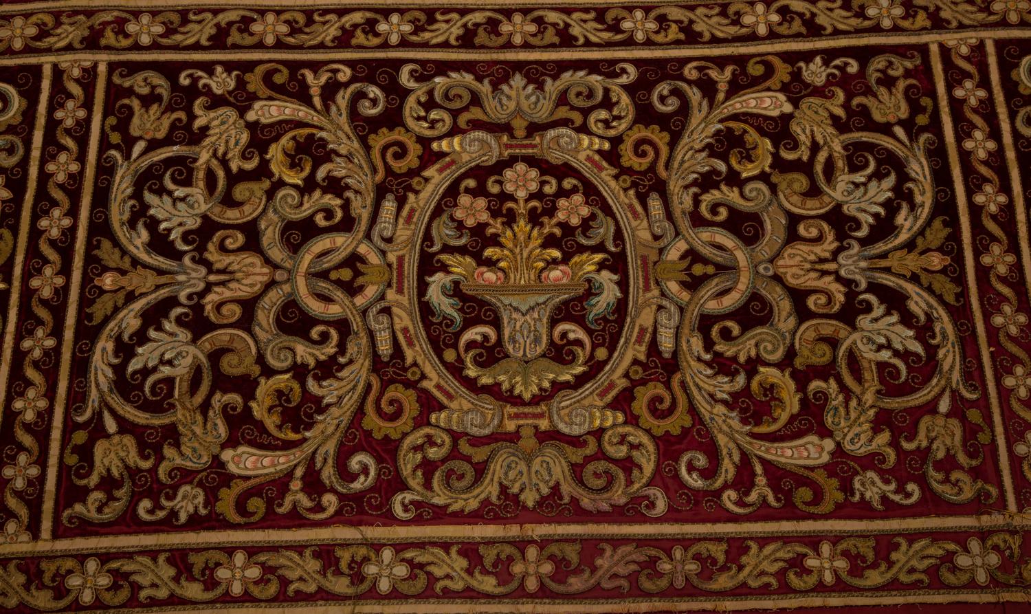 A Continental Gold Thread Embroidered Red Velvet Cloth