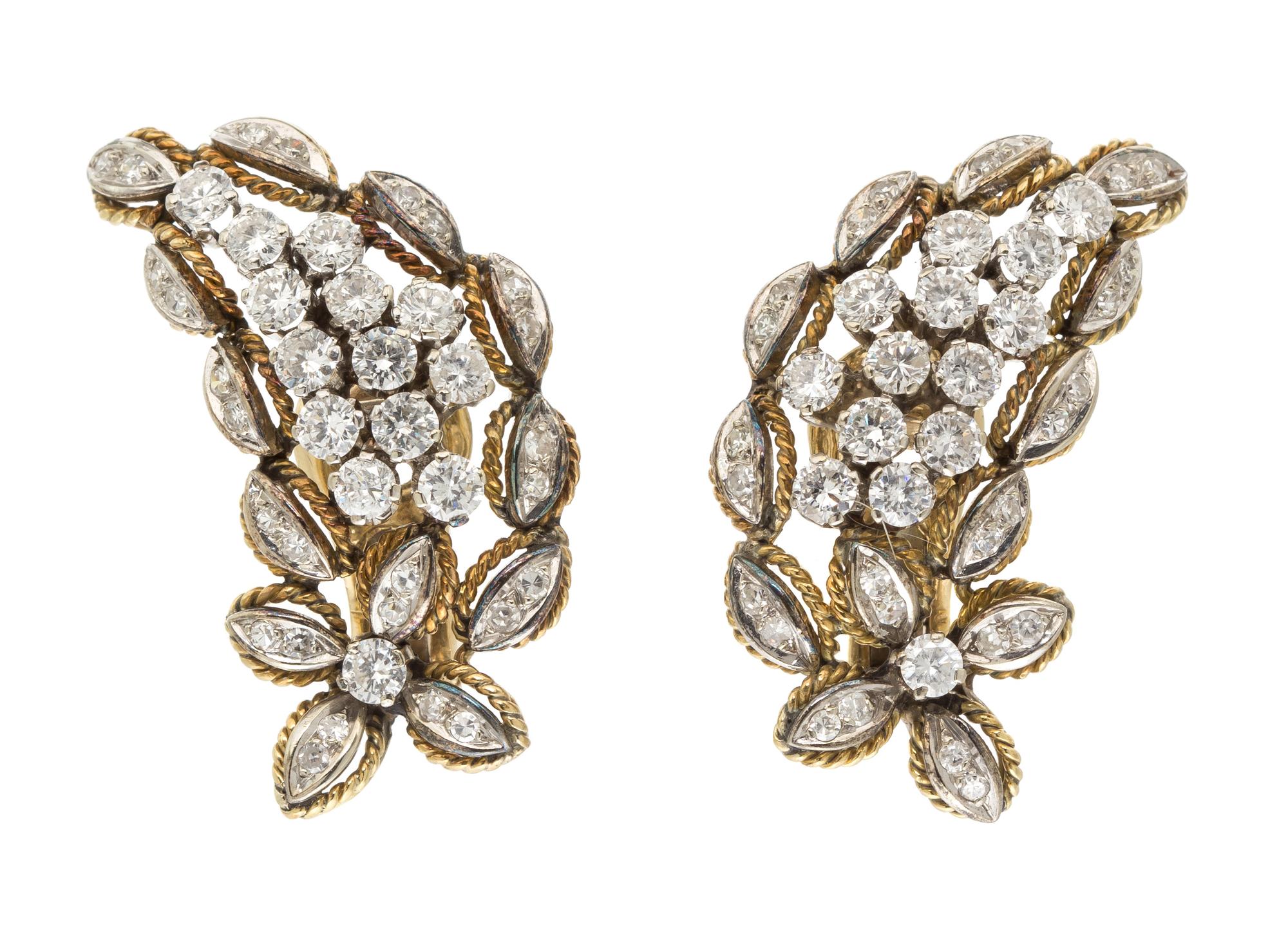 A Pair of Gold and Diamond Spray Earclips, Circa 1960, 11.40 dwts.