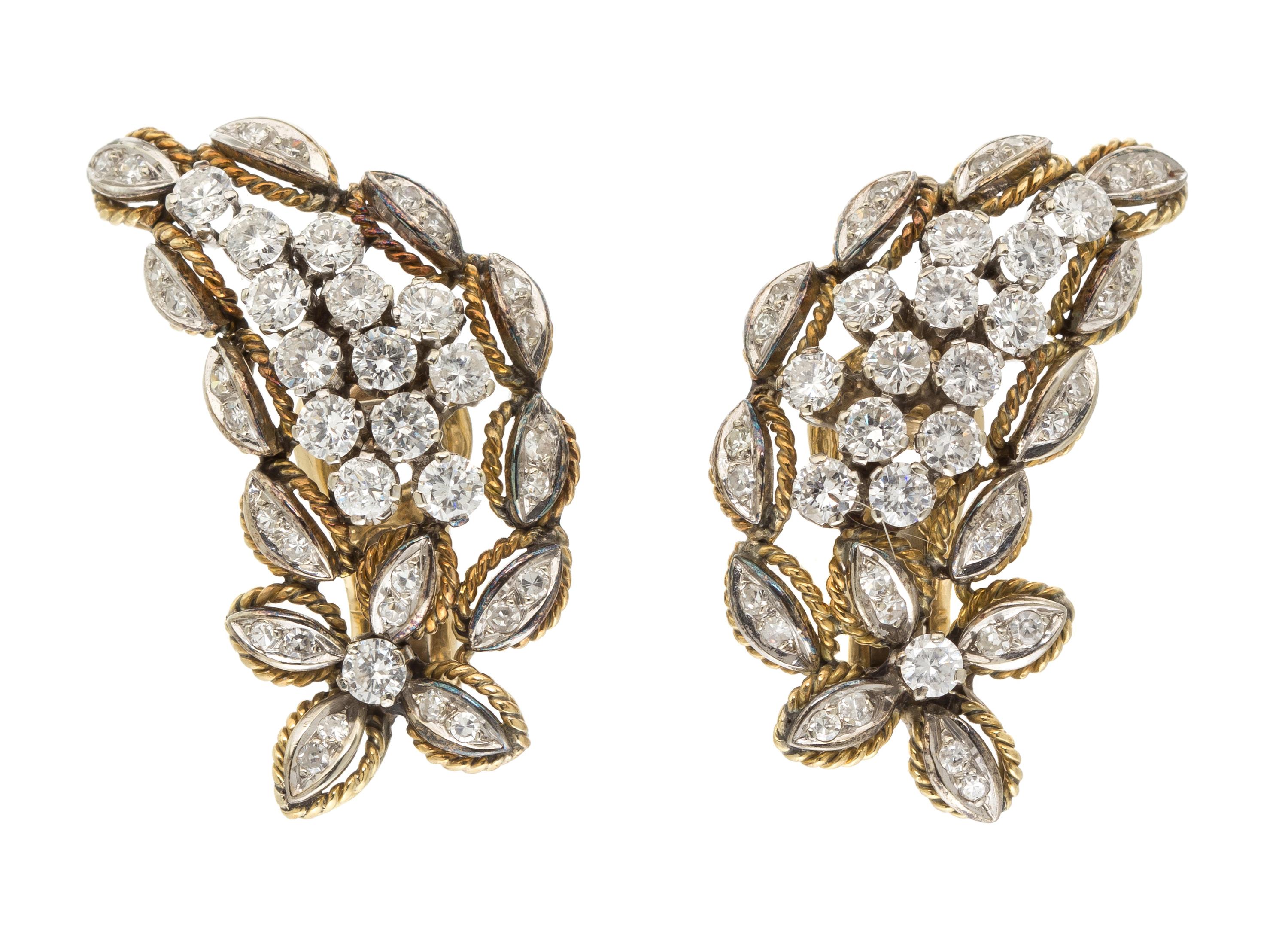 A Pair of Gold and Diamond Spray Earclips, Circa 1960, 11.40 dwts.